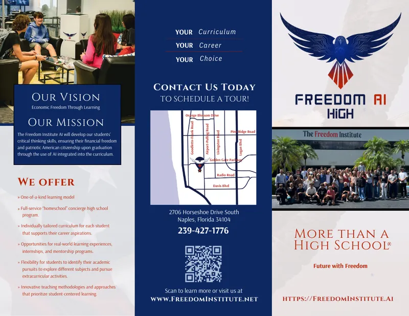 Brochure for The Freedom Institute featuring its vision, mission, location map, contact information, and images of students with the eagle logo.