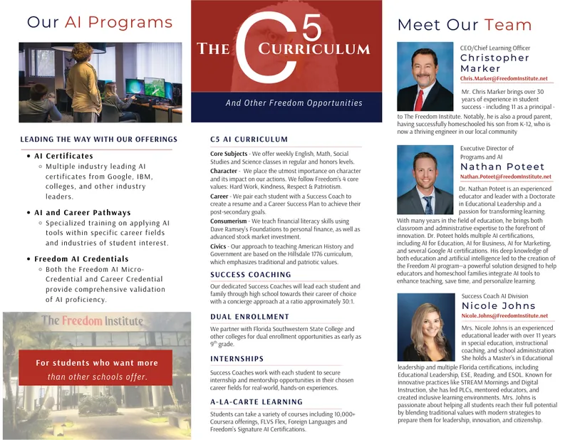 Brochure page describing the 5 C's Curriculum and staff profiles of Christopher Marker, Nathan Poteet, and Nicole Johns.